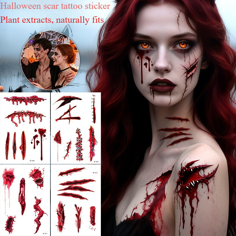 ฮาโลวีนสยองขวัญที่สมจริง Bloody Wound Scar ชั่วคราว Tattoo สติกเกอร์ปลอม Stitch Bite Claw Mark แต่งห