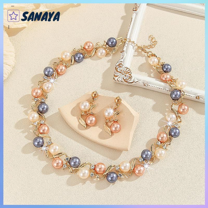 Dwi สร้อยคอมุกสุดหรูสร้อยคอไข่มุกประดับพลอยเทียมสีสันสดใสเครื่องประดับผู้หญิงต่างหูสร้อยคอโลหะชุดปาร