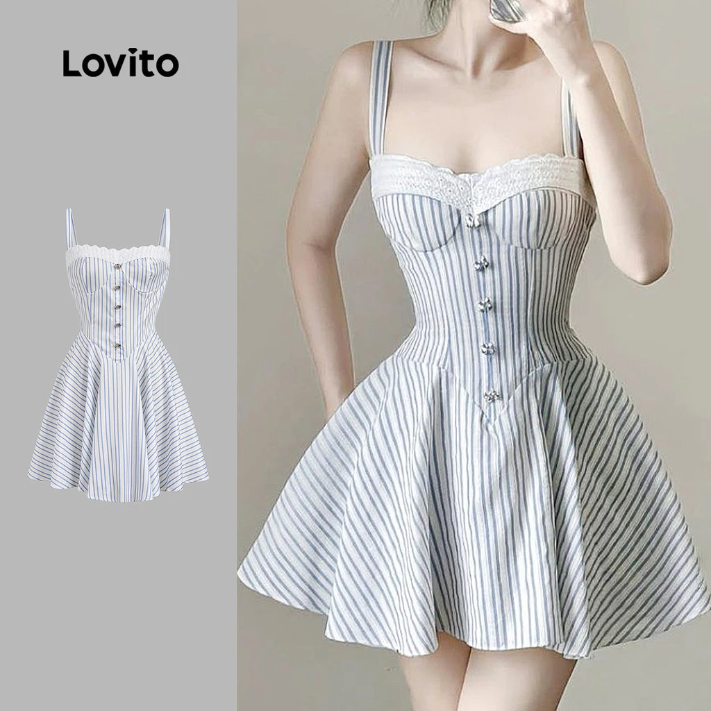 Lovito เดรสแคชชวลใส่ได้ทุกวัน ทำงาน วันหยุดพักผ่อน เดินทาง เดรสผ้าลูกไม้สีตัดกัน ทรงเดรป สีฟ้า สำหรับผู้หญิง เหมาะสำหรับฤดูใบไม้ผลิ/ฤดูร้อน เกาหลี อินเทรนด์ LK3AD147