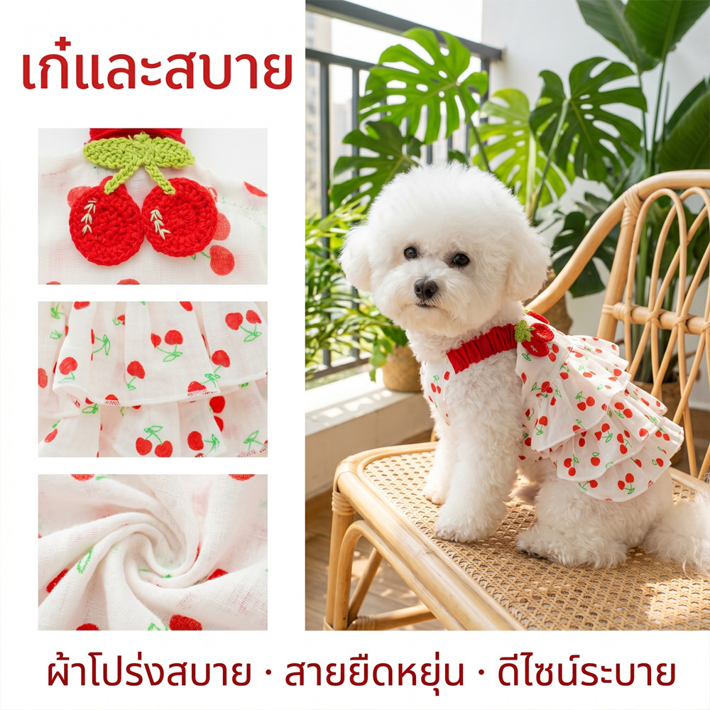 ชุดเดรสสัตว์เลี้ยง กระโปรงสัตว์เลี้ยงที่มีลวดลายเชอร์รี่ สไตล์เจ้าหญิง เสื้อผ้าหมาแมว ใส่สบาย