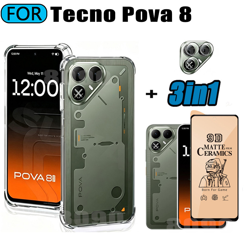 3in1 Tecno Pova 8 เคส TPU แบบนุ่มสําหรับ Tecno Pova8, ฟิล์มฝ้าเซรามิกและตัวป้องกันเลนส์กล้อง