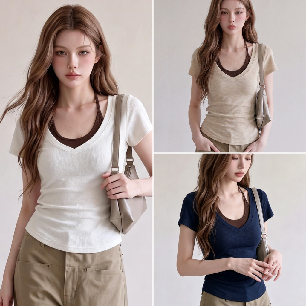 Bella Shop เสื้อยืดแฟชั่นผู้หญิง เสื้อยืดคอวีแขนสั้น การออกแบบสองชิ้นปลอม สินค้าใหม่ฤดูร้อน มีหลายสีให้เลือก