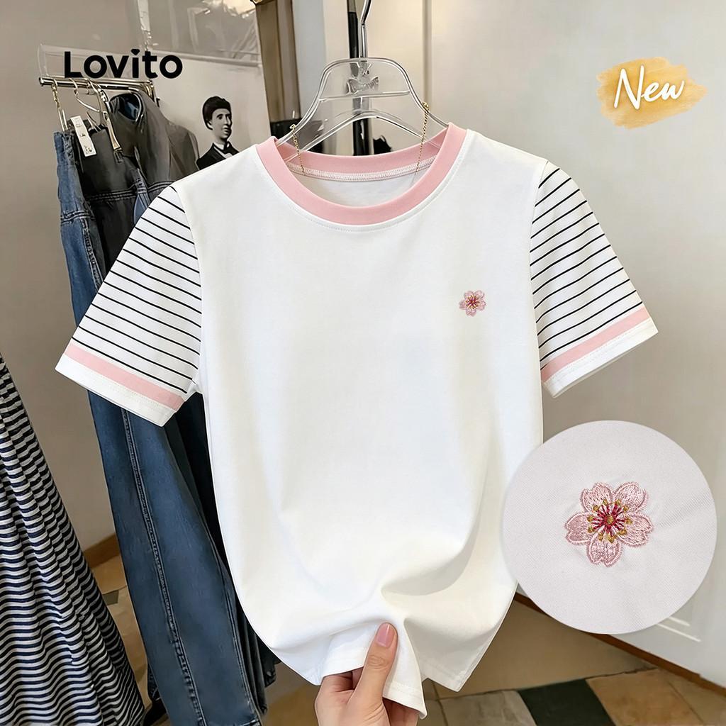 (New Arrival) Lovito เสื้อยืดลําลองผู้หญิง ลายคัลเลอร์บล็อก สีสันสดใส สไตล์ เหมาะกับฤดูใบไม้ผลิ/ฤดูร