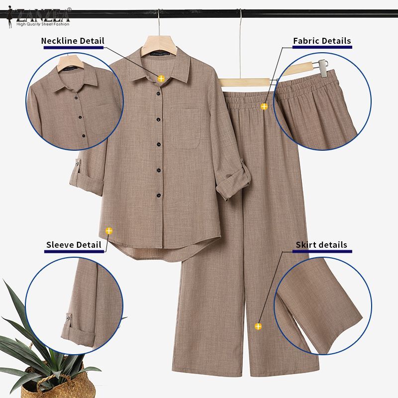 ZANZEA ผู้หญิงเกาหลี Commute Casual Lapel Roll Up แขนปุ่มกว้างเสื้อและกางเกงชุดสองชิ้น — صورة 7