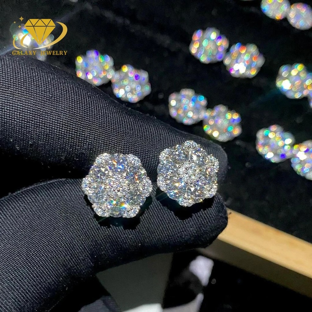 K30Y Hotsale Iced Out Hiphop ต่างหูเพชรเงิน 925 Vvs Moissanite ต่างหูสตั๊ด Iced Out Cluster ดอกไม้สต