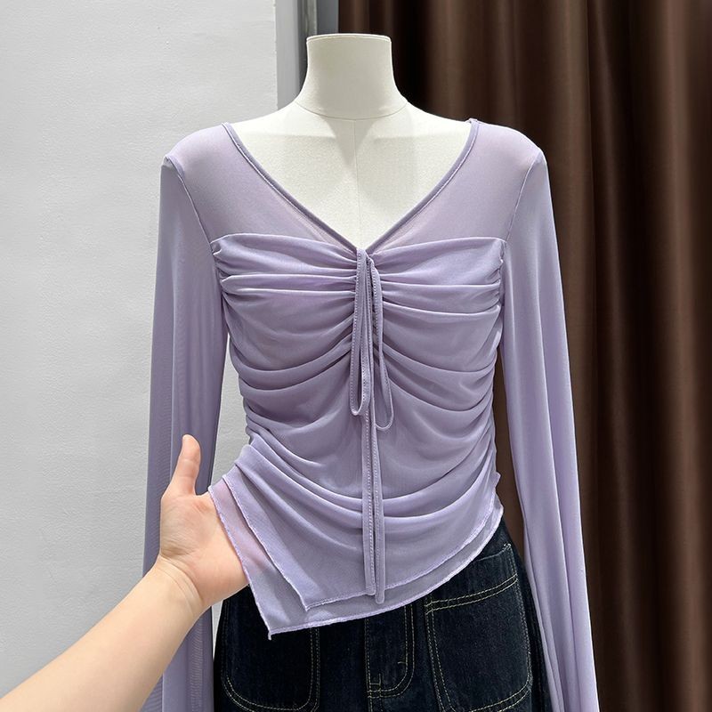 [WDF] เส้นด้ายสุทธิ Pure Desire V คอยาวแขนยาว Laced-Up เสื้อยืดผู้หญิง, สาวร้อนอารมณ์ทรัมเป็ตแขน Irr
