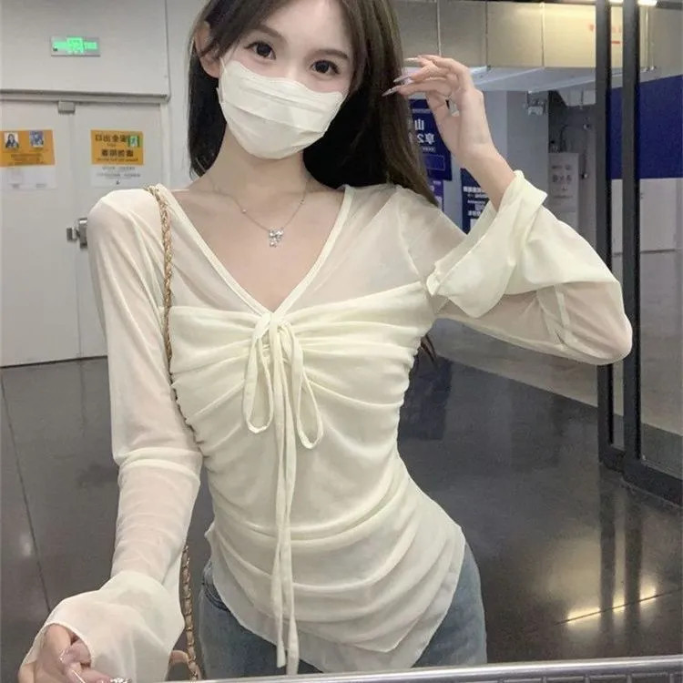 [WDF] American Hot Girl Style Lace-Up Gauze V คอแขนยาวเสื้อยืดผู้หญิง, จีบไม่สม่ําเสมอออกแบบสุภาพสตร