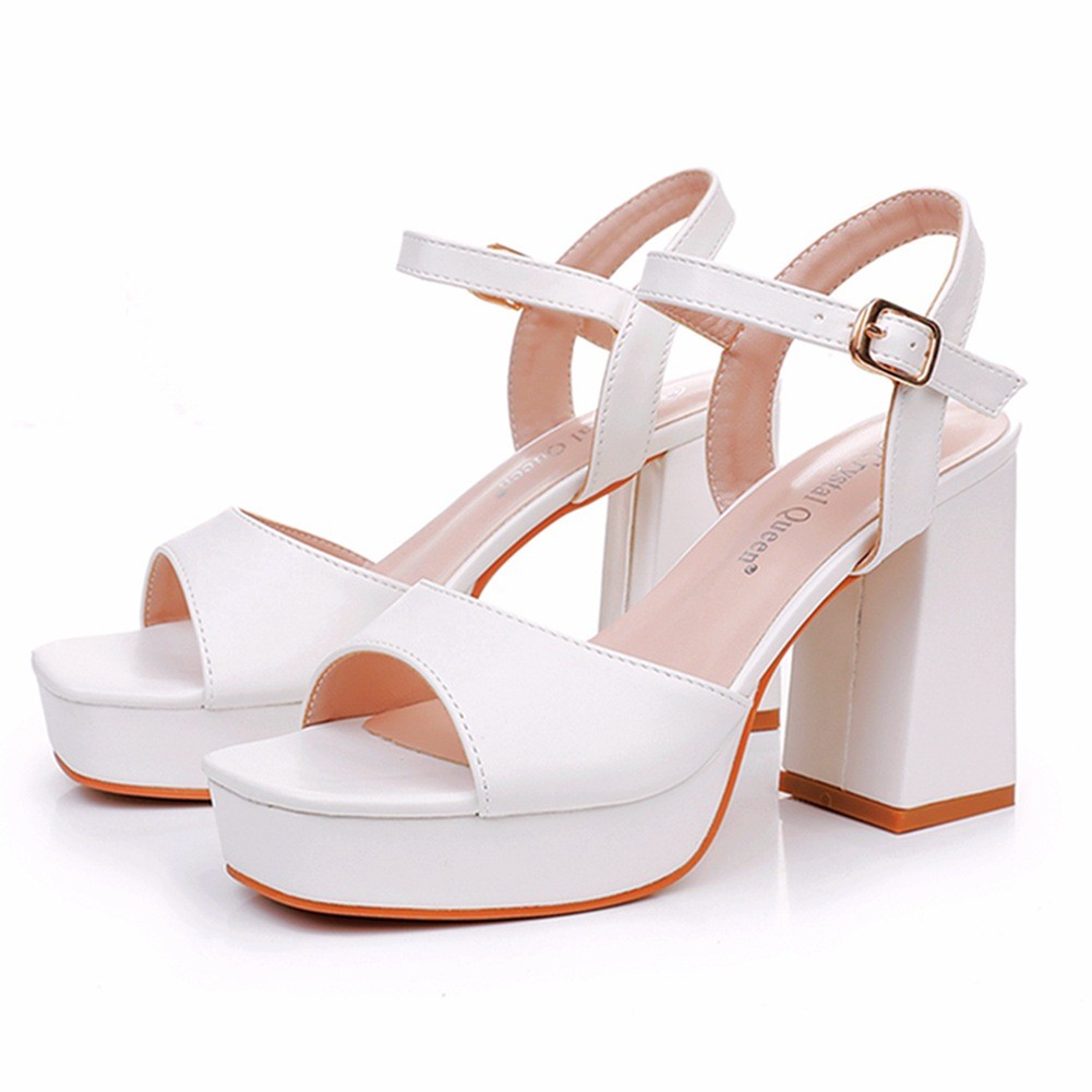 9ซม.บล็อกส้นปลาปากแพลตฟอร์มรองเท้าแตะรอบToe Square Root Blockส้นรองเท้าแตะสีขาวเจ้าสาวชุดแต่งงานรองเ