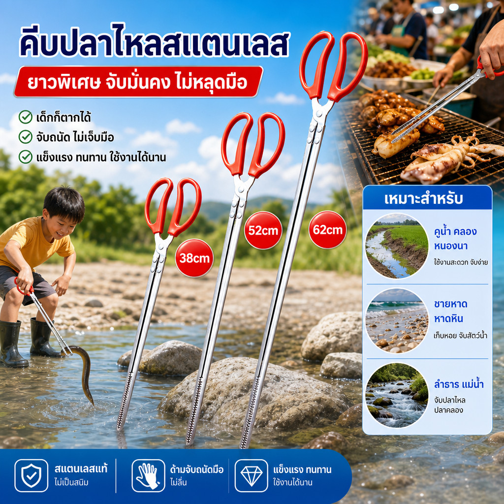 คีมสแตนเลส อเนกประสงค์ จับสัตว์น้ำ / คีบปิ้งย่าง มีขนาด 38/52/62/ ซม. ด้ามกันลื่น ใช้งานง่าย