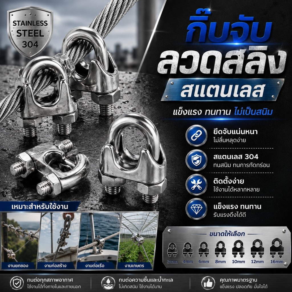 กิ๊บจับลวดสลิง กิ๊บล็อคสลิง แคมป์ล็อคสลิง สแตนเลส ขนาด M3/M5/M6/M8/M10/M12 พร้อมส่ง #AQ-0031