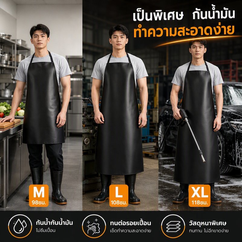 ผ้ากันเปื้อน PVC หนัง กันน้ำ กันน้ำมัน สีดำ สายปรับได้ หนาทนทาน สำหรับครัว โรงงาน ล้างรถ