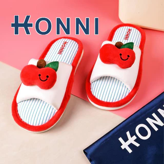KONNI รองเท้าแตะแฟชั่น รองเท้านิ่ม หญิงน่ารัก บ้านผ้าฝ้ายผ้าลินินผ้าลินิน รองเท้าใส่ในบ้าน ลายแอปเปิ้ล