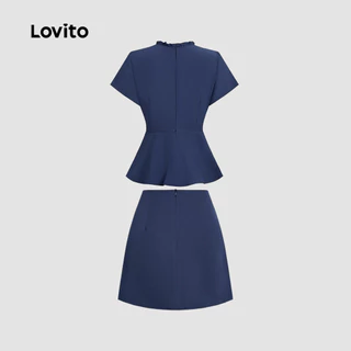 Lovito แคชชวล เสื้อหรือกางเกงทรงสวยหรูสำหรับใส่ไปทำงาน สไตล์คลาสสิกและใช้งานได้หลากหลาย ดีไซน์ระบายช่วงฤดูใบไม้ผลิ/ฤดูร้อน เสื้อหรือกางเกงสีฟ้าสำหรับผู้หญิง L154ED326