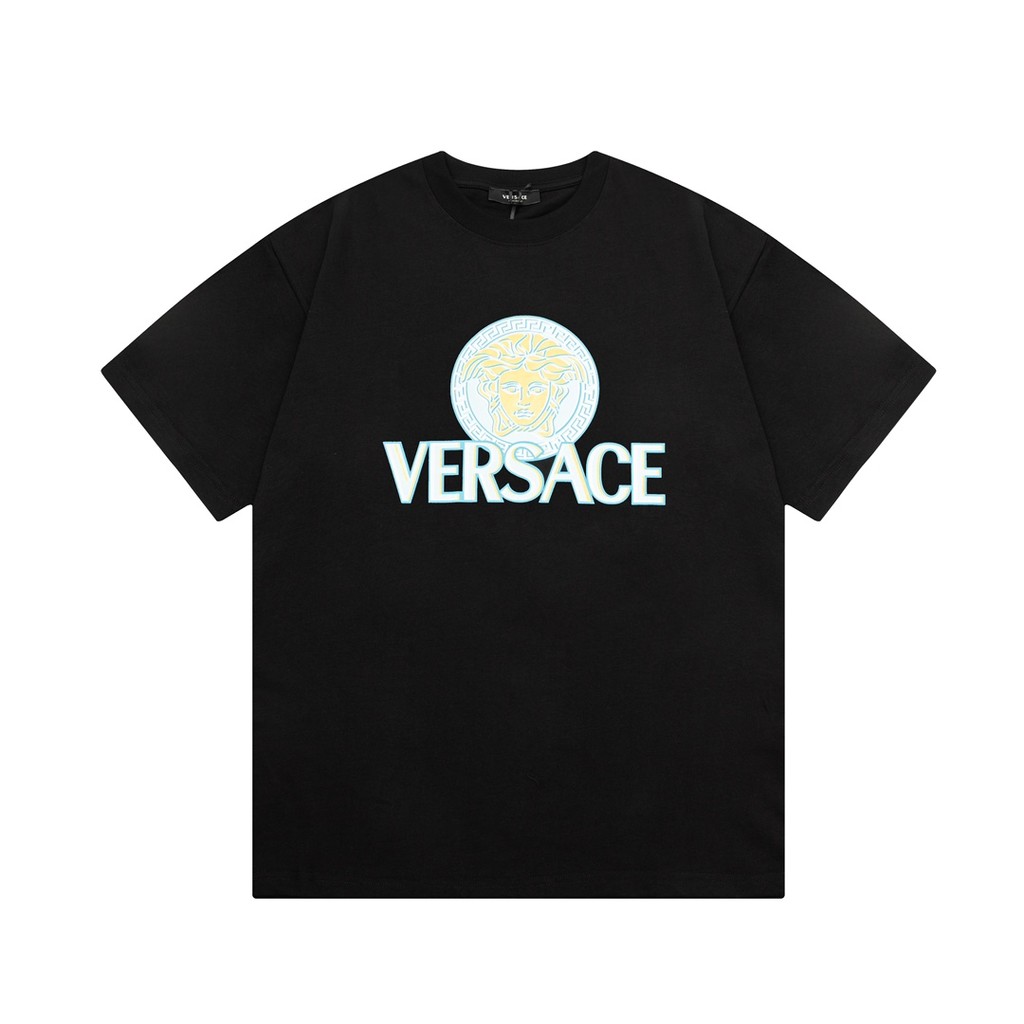 Versace/versace/2026 คลาสสิกรอบคอแขนสั้นเสื้อยืดผู้ชายผู้หญิงสไตล์ธุรกิจสไตล์ญี่ปุ่น Two-Line High-E