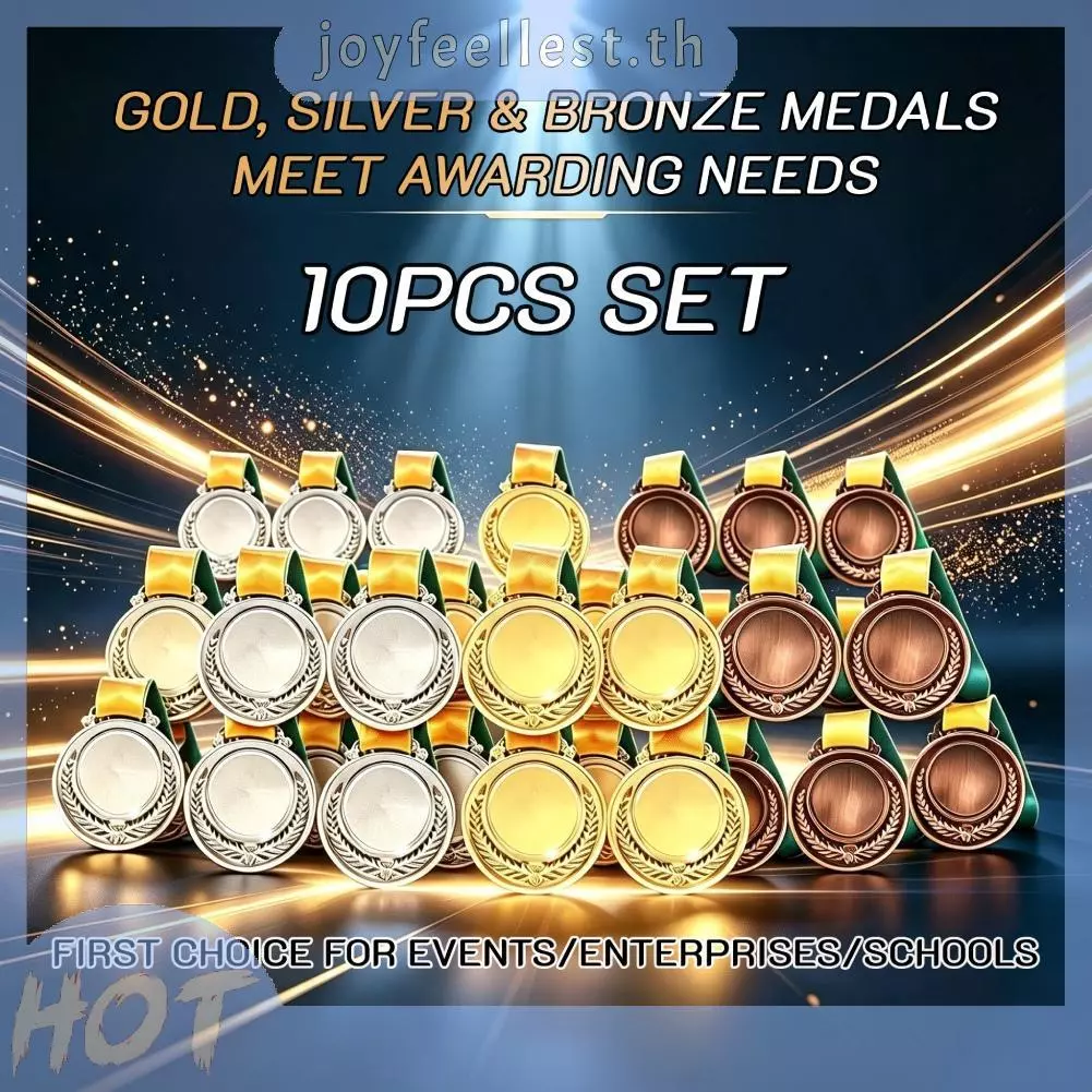 [จัดส่งในพื้นที่] ชุดเหรียญรางวัล 10 ชิ้น พร้อมริบบิ้นคอ ทอง เงิน บรอนซ์ สำหรับกีฬา การแข่งขัน งานแสดงความสามารถ งานปาร์ตี้