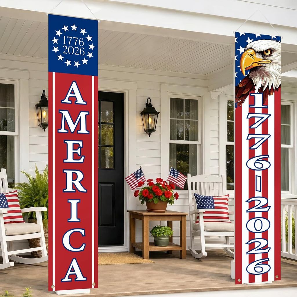 4th of July ตกแต่งกลางแจ้ง, Patriotic Porch แบนเนอร์สําหรับประตูด้านหน้า, American Flag Independence