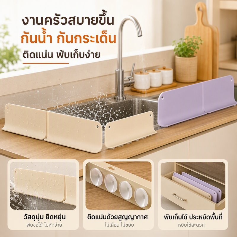 แผ่นกั้นน้ำซิลิโคน พับเก็บได้ กันน้ำกระเด็น ติดดูดสูญญากาศ ไม่ต้องเจาะ ใช้กับอ่างล้างจานและครัว