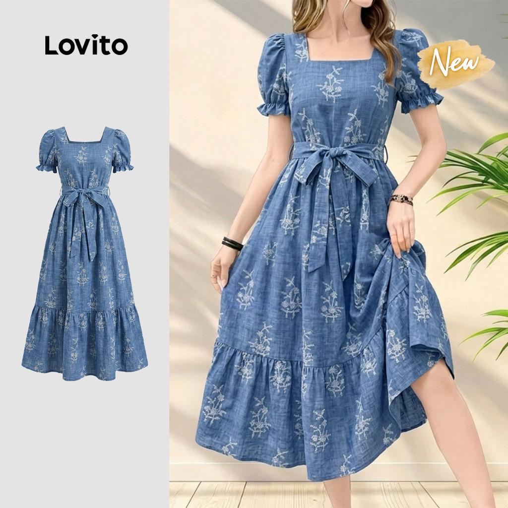 (New Arrival) Lovito ชุดเดรสลําลองผู้หญิง แต่งระบาย มีเข็มขัด ซิป สีฟ้า สําหรับฤดูใบไม้ผลิและฤดูร้อน
