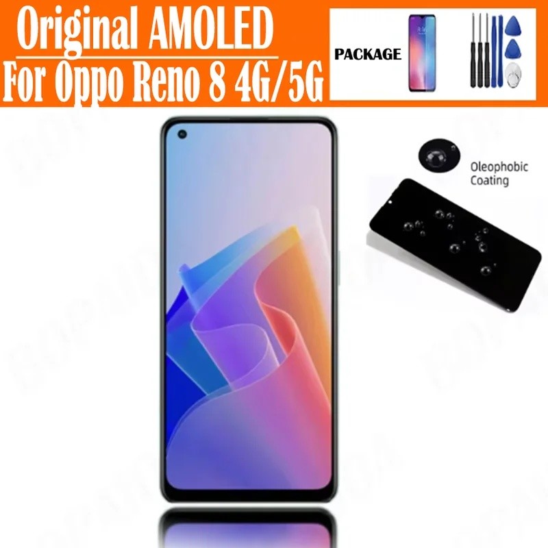AMOLED สําหรับ Oppo Reno8 4G CPH2457 Reno 8 5G CPH2359 จอแสดงผล LCD กรอบ Touch Screen Digitizer Asse