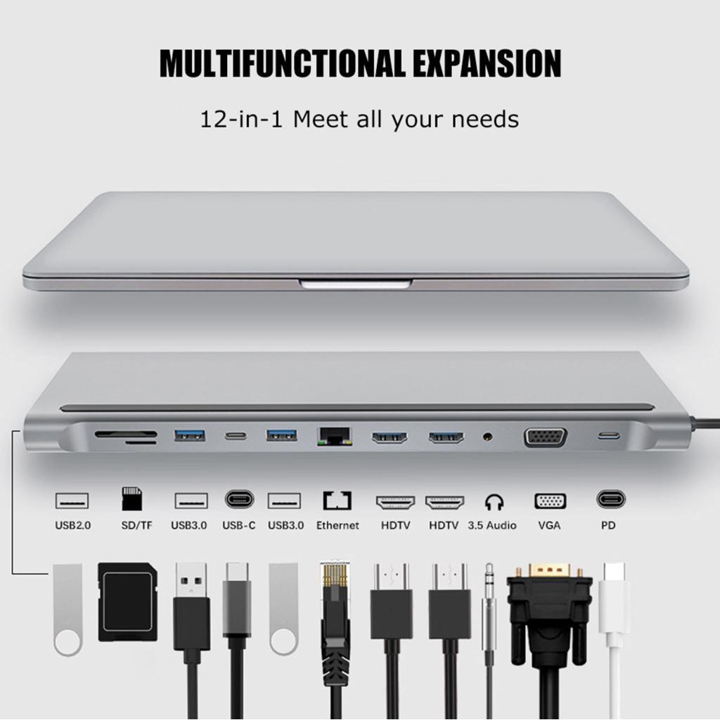 Ropa888 12 in 1 Type C แล็ปท็อป Docking Station 2 USB3.0 USB2.0 VGA PD 3.5 มม.การ์ดหน่วยความจําขนาดเ