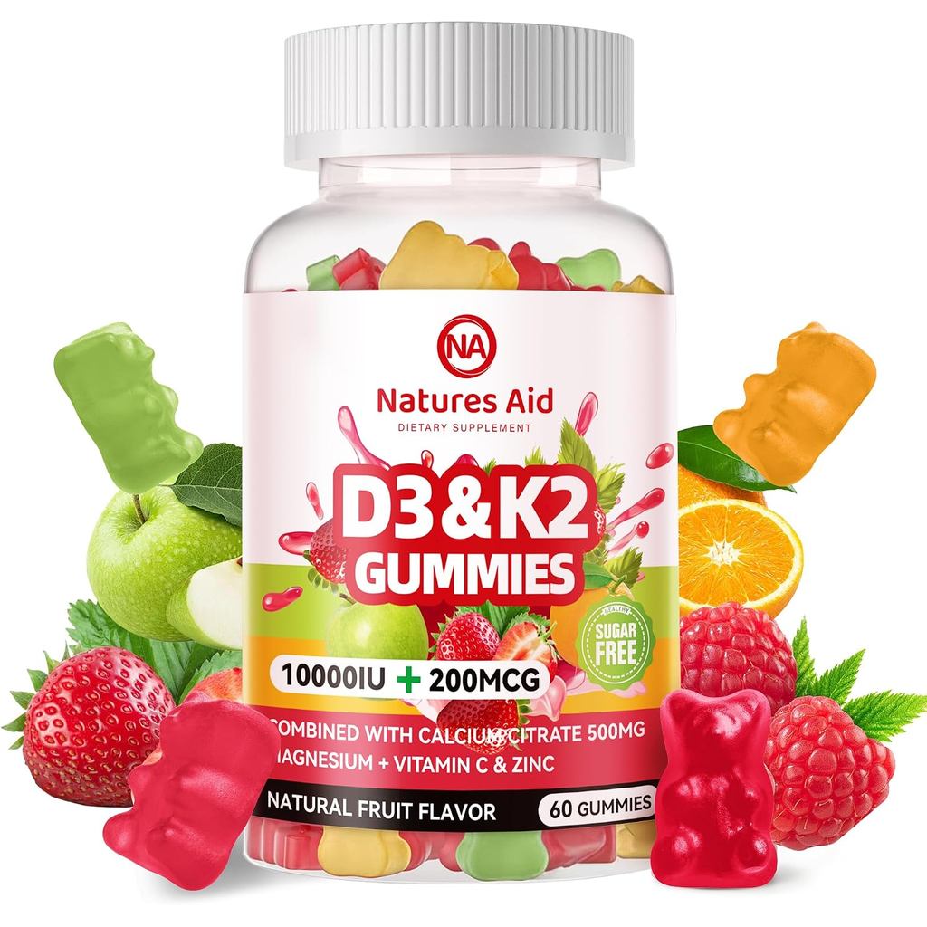 Natures Aid Sugar-Free Vitamin D3 K2 Gummies with Calcium + K2 (MK-7), Magnesium Citrate, Vitamin C,