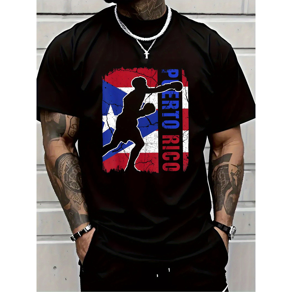 เสื้อยืด Puerto Rico Flag สําหรับผู้ชาย - พิมพ์ Puerto Rico 100% เสื้อยืดแขนสั้นคอกลมลําลอง ทนทาน
