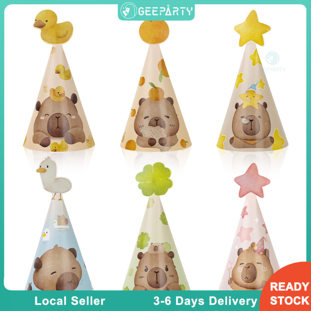 GeeParty หมวกปาร์ตี้วันเกิดคาปิบาร่า 6 ชิ้น 6 แบบ หมวกสำหรับเด็ก ตกแต่งปาร์ตี้ธีมคาปิบาร่า