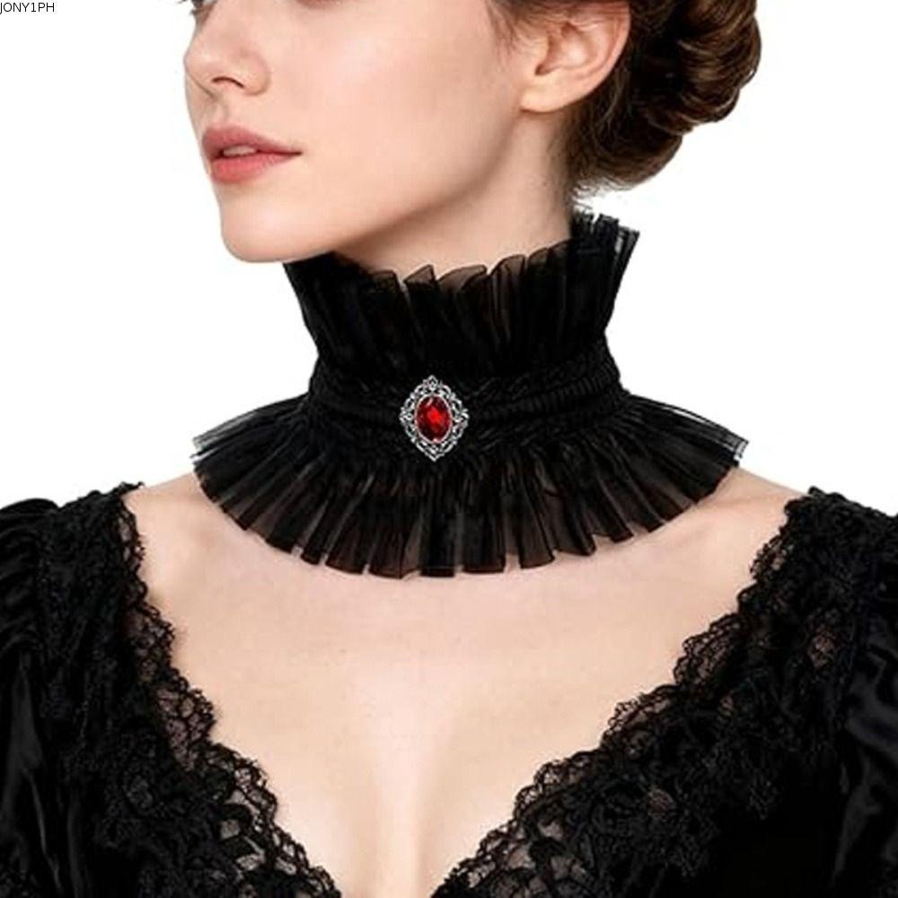 JONY1PH Gothic Collar, อัญมณีตกแต่งสีดําสีขาวลูกไม้ Jabot Collar, เครื่องประดับคอ Victorian Style Ru