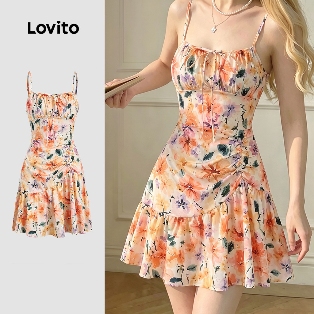 (New Arrival) Lovito เดรสลําลองลายดอกไม้ เดรสเรียบง่ายสําหรับฤดูใบไม้ผลิและฤดูร้อนสําหรับผู้หญิง LK7EDD383