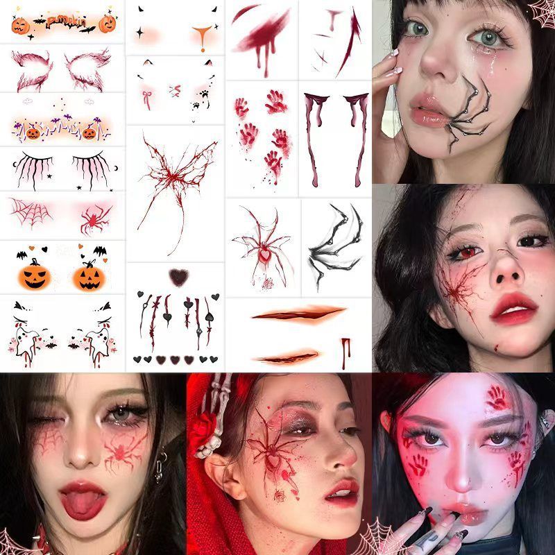 万圣节妆容脸贴高颜值蜘蛛* 幽灵南瓜伤疤小丑COS派对防水防汗逼真Halloween Witch Gothic Dark Makeup Nun Creative Makeup * Children'S