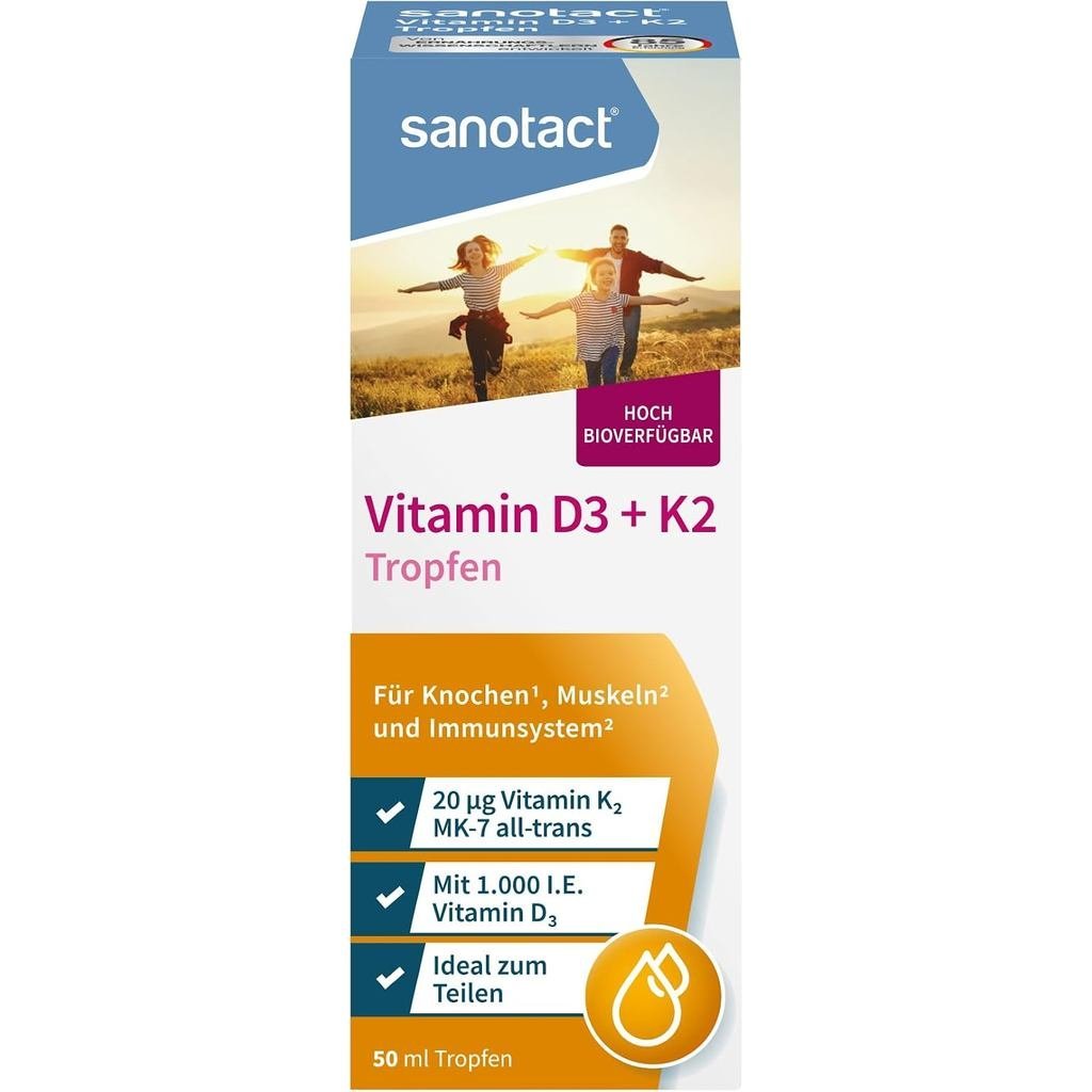 Sanotact วิตามิน D3 + K2 20 μg + MK-7 Drops, 50 ml, โดสสูงที่มี 1,000 IU ต่อหยด สําหรับกระดูก กล้ามเ