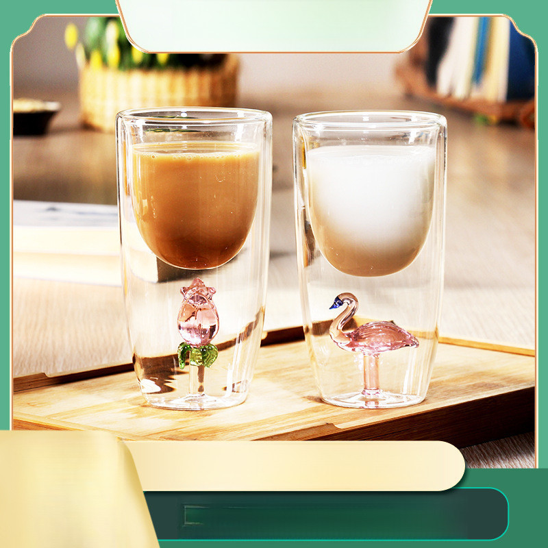 ✅แก้วกาแฟแก้วโปร่งใสทนความร้อนแก้วสองชั้น Borosilicate สูง Anti-Scalding ถ้วย Love ถ้วยนม