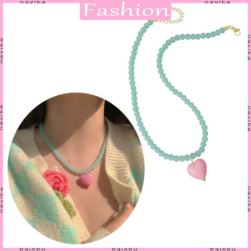 NAV หวานสีชมพูหัวใจจี้สร้อยคอลูกปัดอะคริลิคสี Contrast Neckchain สีลูกกวาด Love Heart Beaded Chain