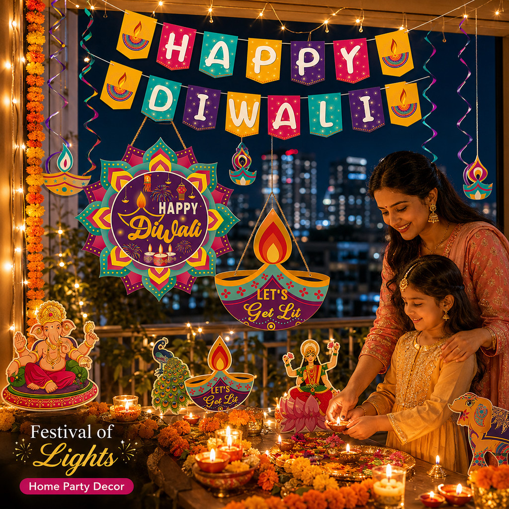 Deepavali Party Banner Happy Diwali แขวนตกแต่งเทศกาล Swirls Celebration Decor