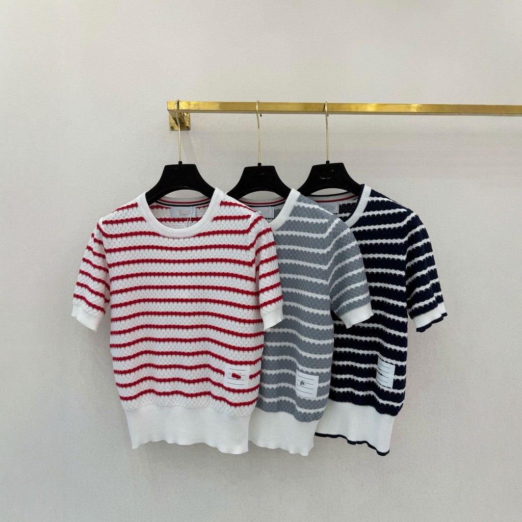 7FVP TB Home Top รุ่น 26 ฤดูร้อนลายถักแขนสั้นผู้หญิงรอบคออารมณ์ Hollow สี-Blocking Top