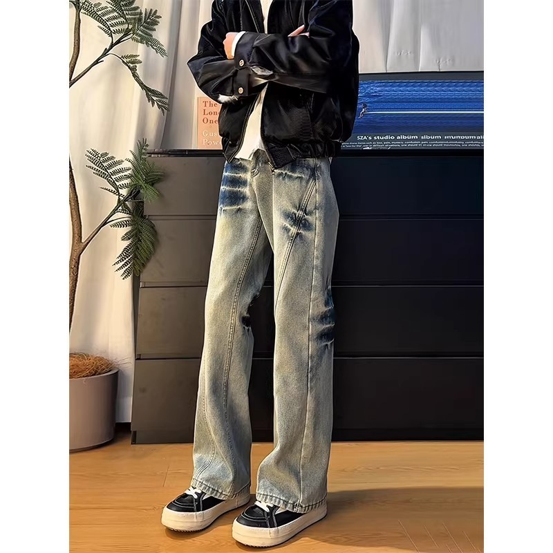 Niche Design Sense Washed Lightning Pattern Jeans Men Straight American Style Pants Design Sense Mic
