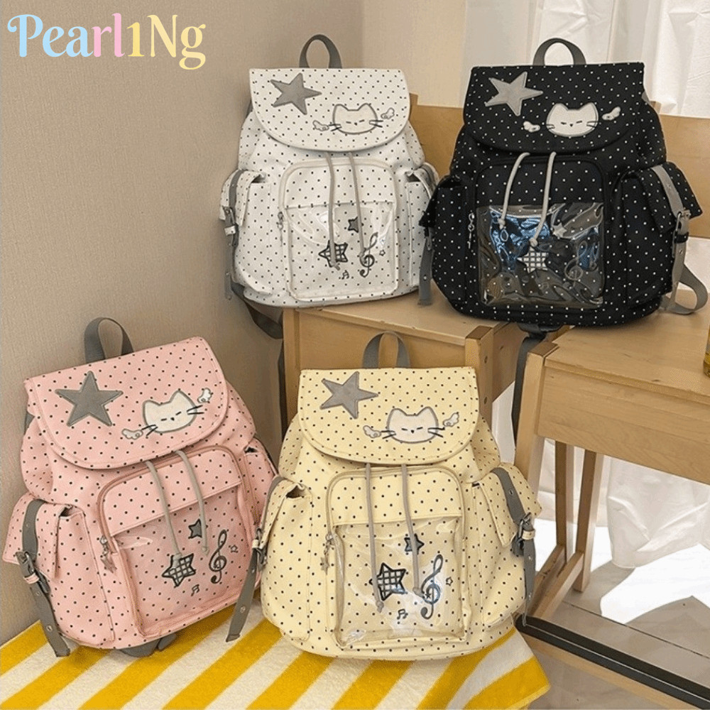 PEARLTH Drawstring Backpack, Sweet Cat Large Capacity Ita Backpack, Casual Nylon Polka Dot Students 