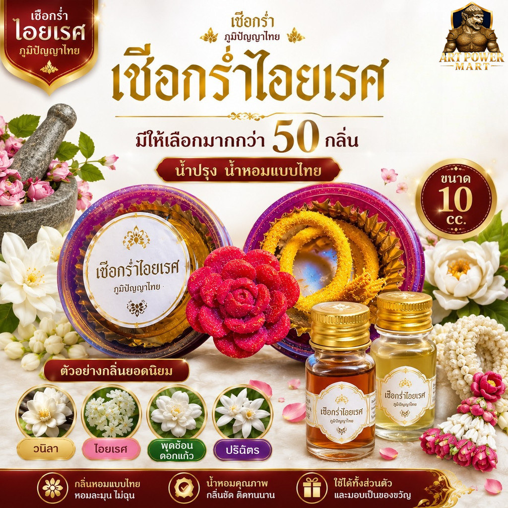 เชือกร่ำไอยเรศ ภูมิปัญญาไทย | น้ำปรุง น้ำหอมแบบไทย หอมละมุน มีให้เลือกมากกว่า 50 กลิ่น | ขนาด 10 cc.