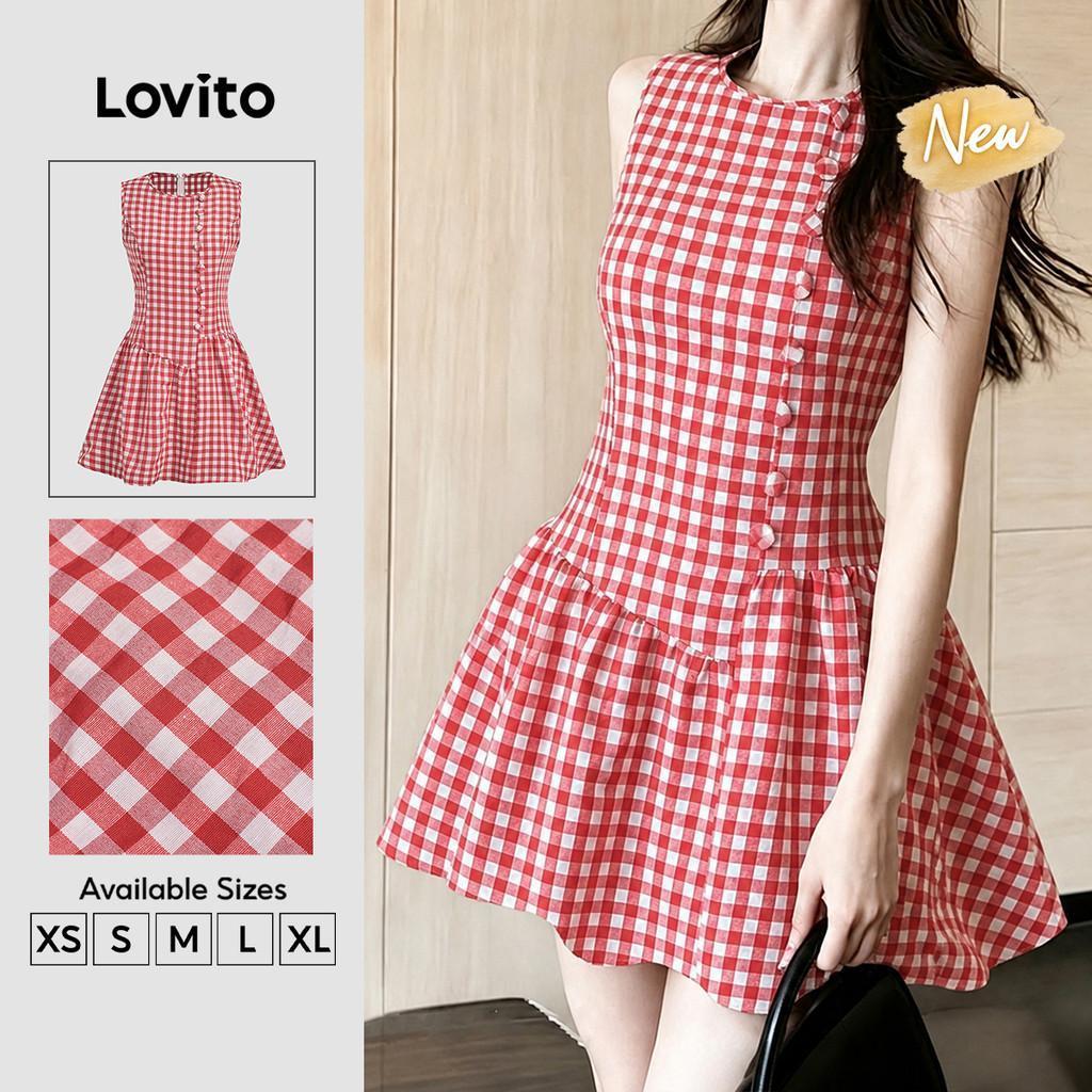 (New Arrival) Lovito เดรสผู้หญิงสีกากีหรูหรา ทรงไม่สมมาตร กระดุม ฤดูใบไม้ผลิ/ฤดูร้อน DRK8P2D1057
