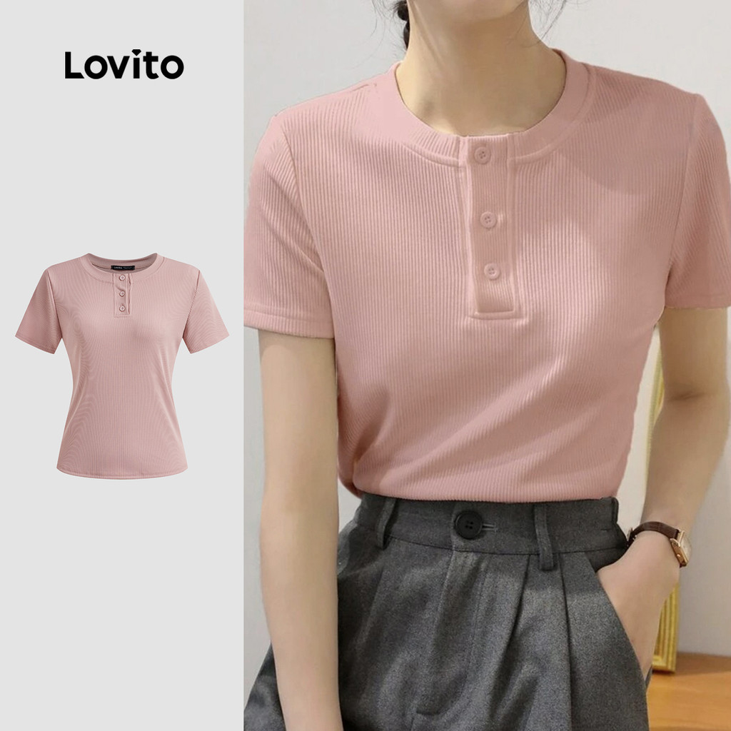 Lovito แคชชวล เสื้อยืดกระดุมสีพื้นแบบลําลองสําหรับผู้หญิง L123ED210