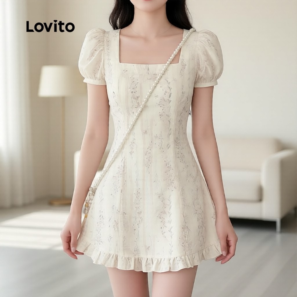 Lovito เดรสผู้หญิงแต่งระบาย น้ำหนักเบา ฤดูใบไม้ผลิ/ฤดูร้อน เนื้อผ้ามีเท็กซ์เจอร์ LK5AD317