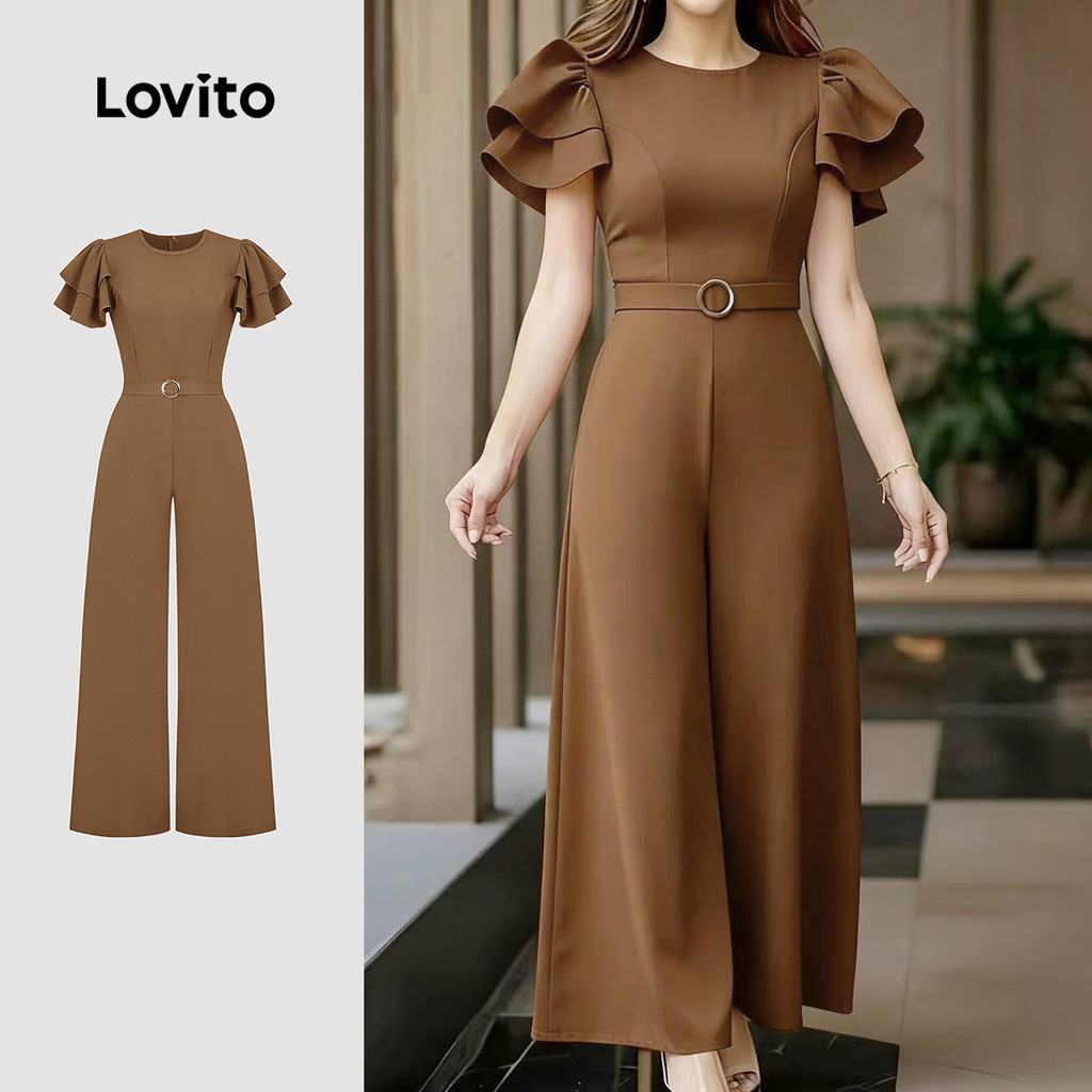 Lovito สง่างาม ชุดจั๊มสูทหรูหรา มีเข็มขัดและระบาย เหมาะสำหรับใส่ทำงานหรือเดินทาง เหมาะสำหรับฤดูใบไม้ผลิ/ฤดูร้อน สีน้ำตาล สำหรับผู้หญิง L164ED324