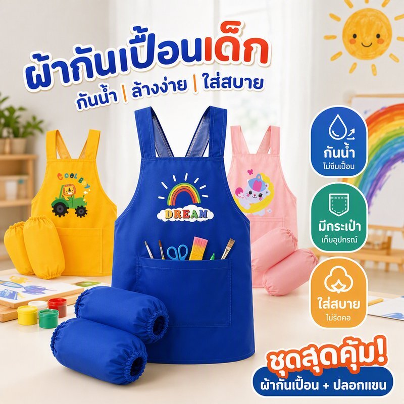 ผ้ากันเปื้อนเด็กชุดพร้อมปลอกแขน กันน้ำ ล้างง่าย มีกระเป๋า ใช้วาดรูป ทำงานฝีมือ โรงเรียนอนุบาล
