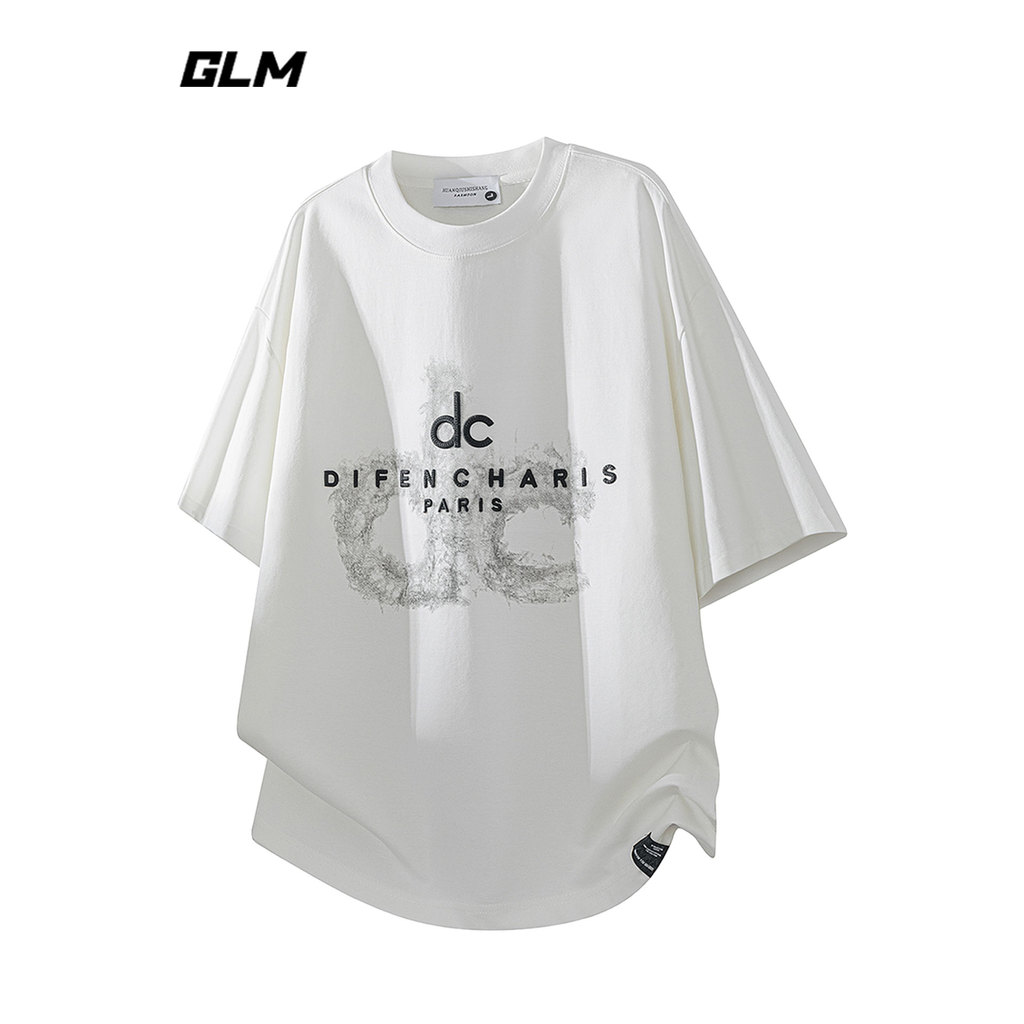 GLM อย่างเป็นทางการของแท้ตัวอักษรพิมพ์รอบคอแขนสั้นเสื้อยืดผู้ชายฤดูร้อนหลวมสบายๆอินเทรนด์ All-Match 