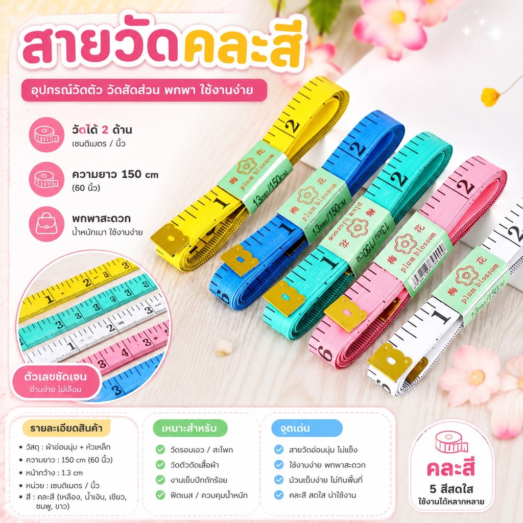 kingmallshop (DAAZ3)(ร้านไทย) สายวัดรอบเอว ด้านนิ้วเป็นมาตรฐานของไทย ยาว150CM คละสี(เครื่องมือช่าง ตลับเมตร)