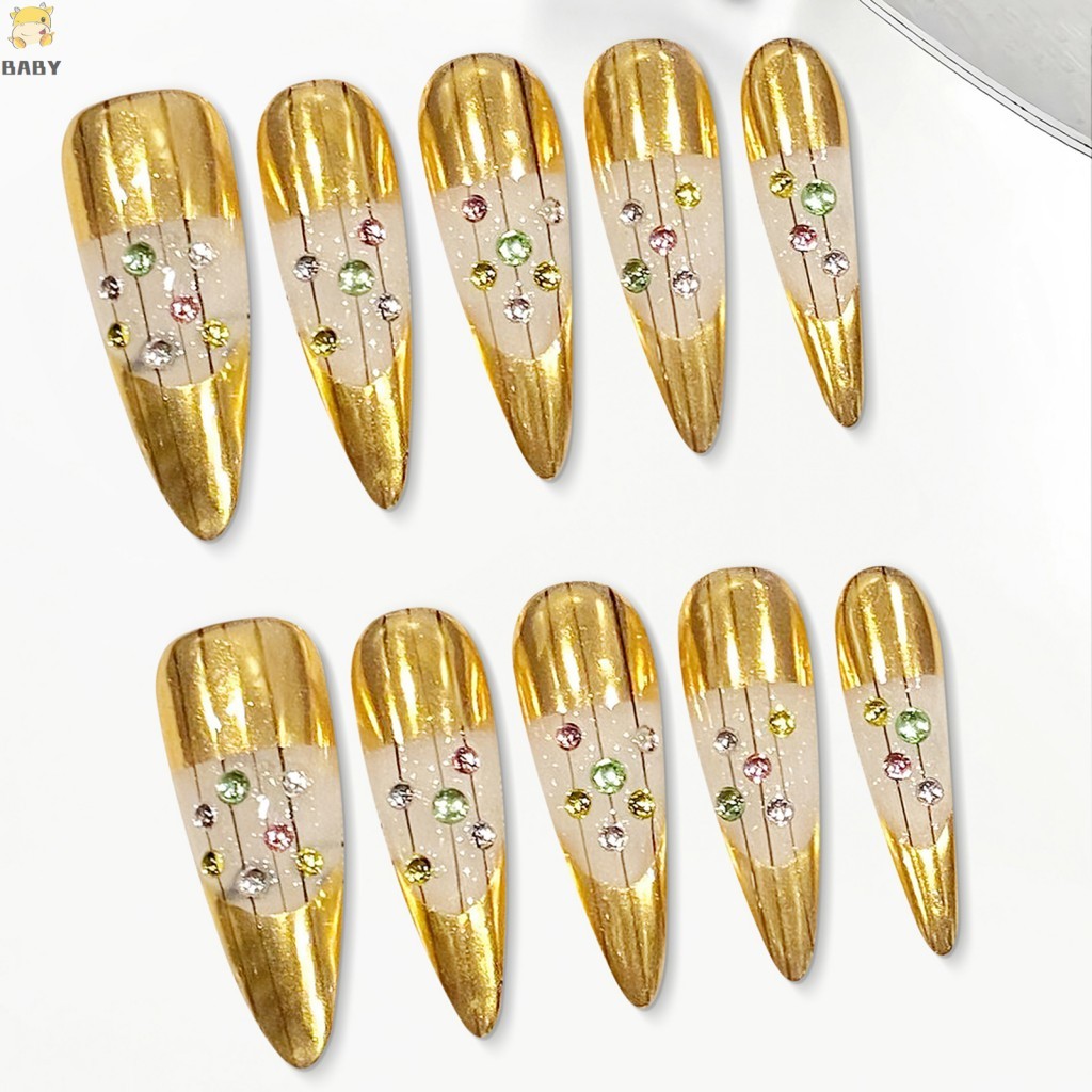 10 ชิ้นยาวชี้รูปไข่ทอง Bucherer สไตล์ Rhinestone ตกแต่ง Handmade เล็บปลอม