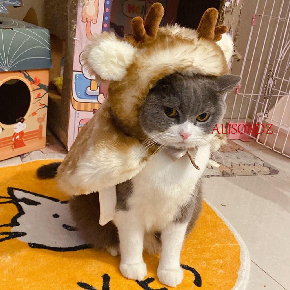 ALISONDZ Cat Elk Cloak, ตกแต่ง Plush Elk สุนัขผ้าคลุมไหล่, Puppy Xmas เสื้อคลุมเขากวางหมวกนุ่มอบอุ่น