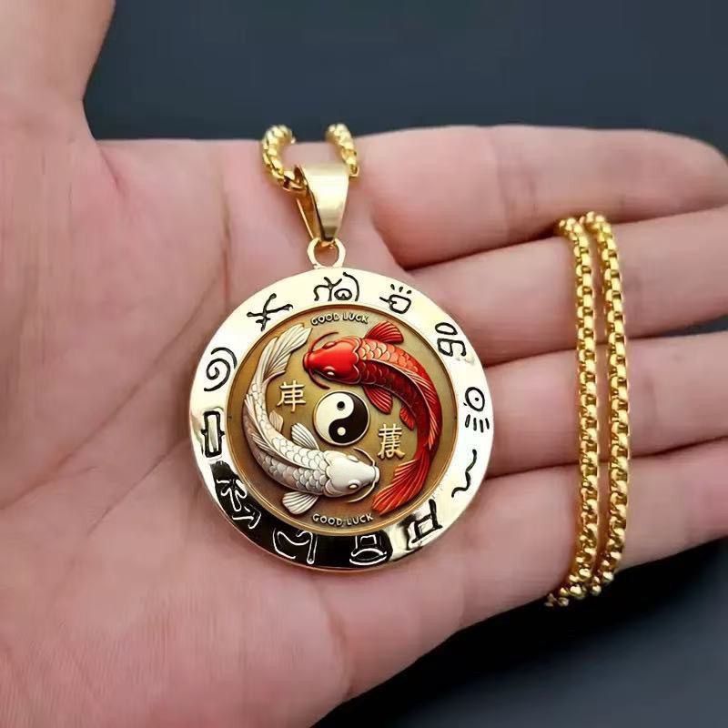 热销复古阴阳锦鲤项链吊坠太极八卦双鲤挂件饰品2694 Best-selling vintage yin-yang koi fish necklace pendant, Tai Chi and Bagu