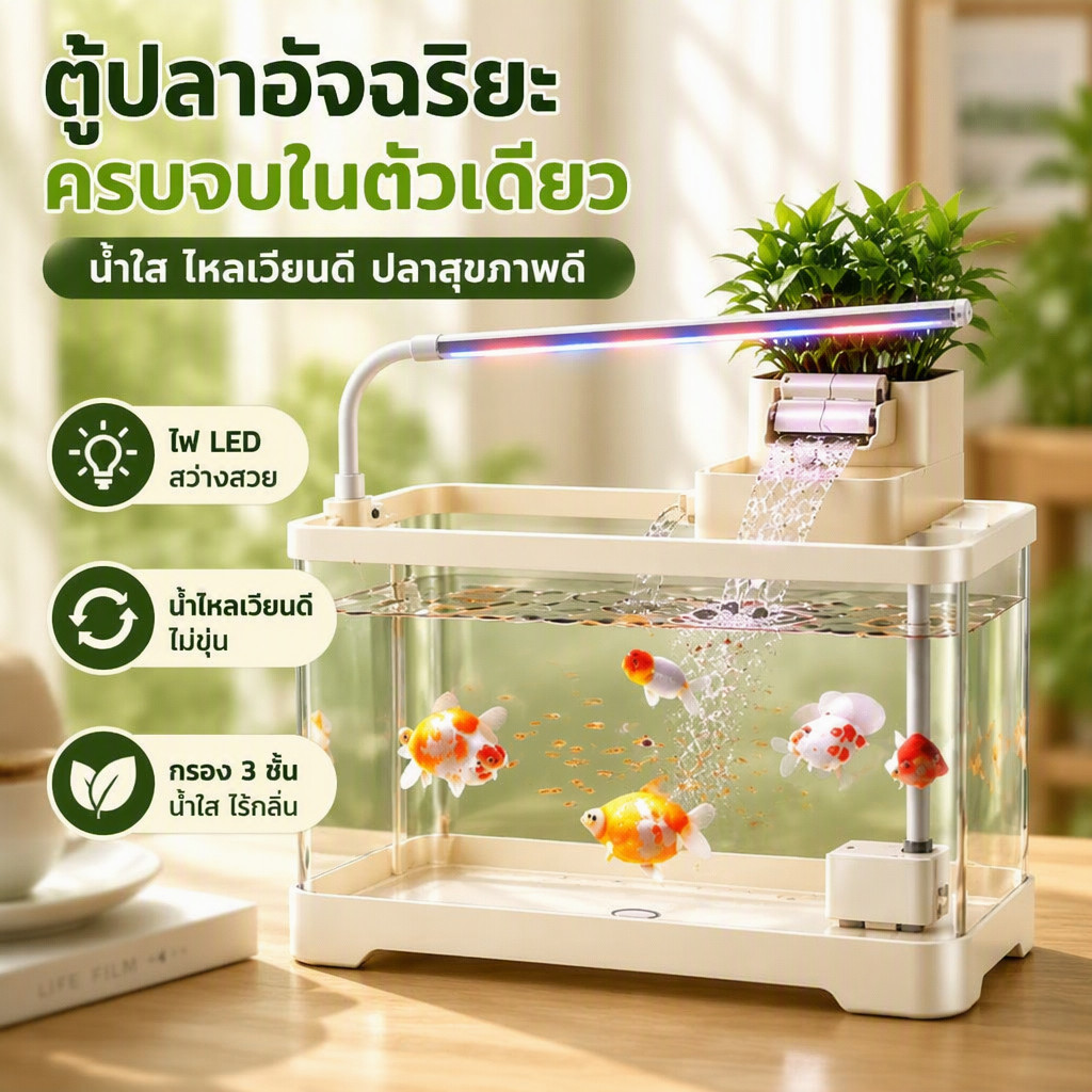 ตู้ปลา 360 องศา ชุดตู้ปลา พร้อมระบบกรอง ปั๊มน้ำ ไฟแอลอีดี ตู้ปลาใส วางโต๊ะ