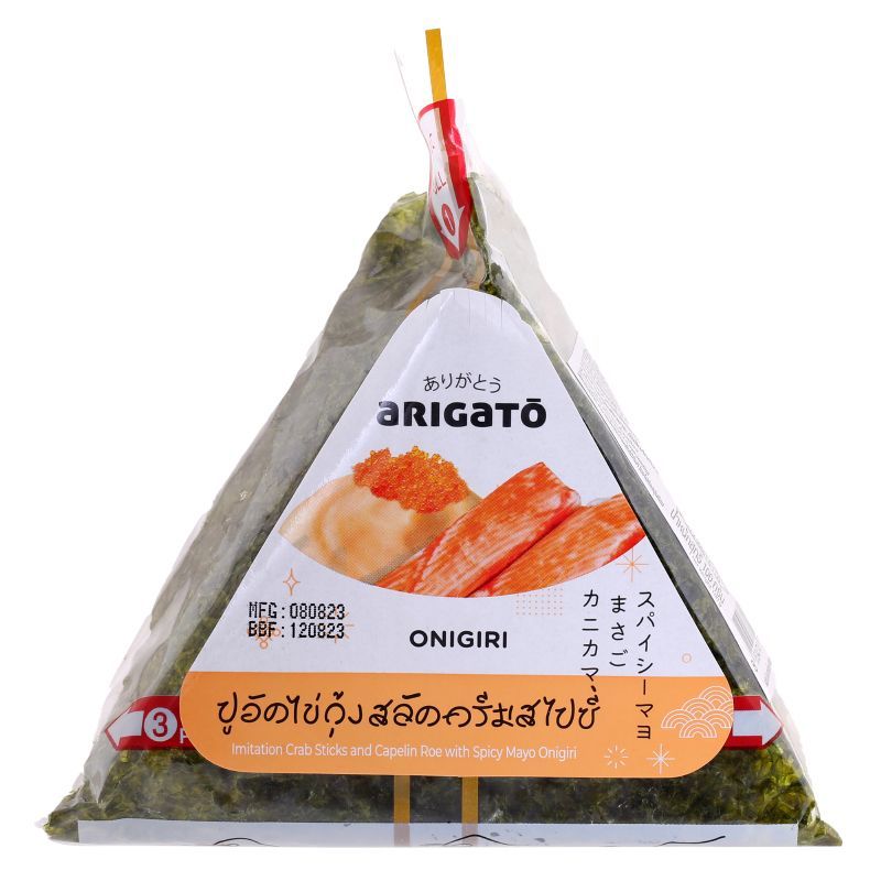 อาริกาโตะโอนิกิริปูอัดไข่กุ้งสไปซี่มาโย (ข้าวปั้นไส้ปูอัดไข่ปลาสไปซี่) 100กรัม ArigatoCrabCapelinRoeSpicy100g